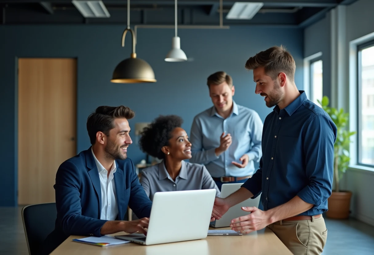 Profesionales de ventas colaborando en una oficina moderna