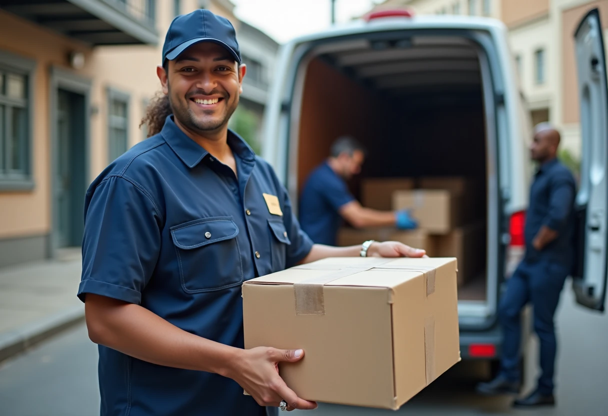Delivery driver loading parcels into a van