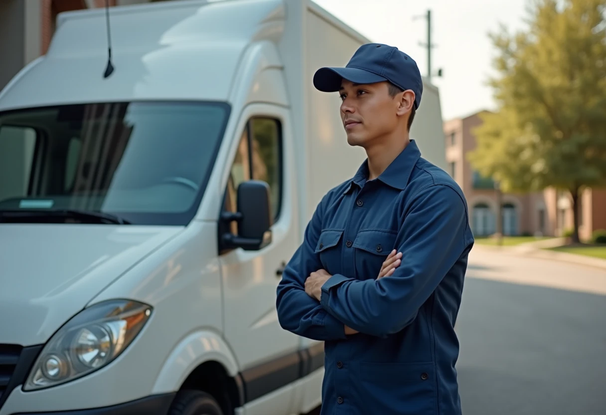 Delivery driver next to a branded van
