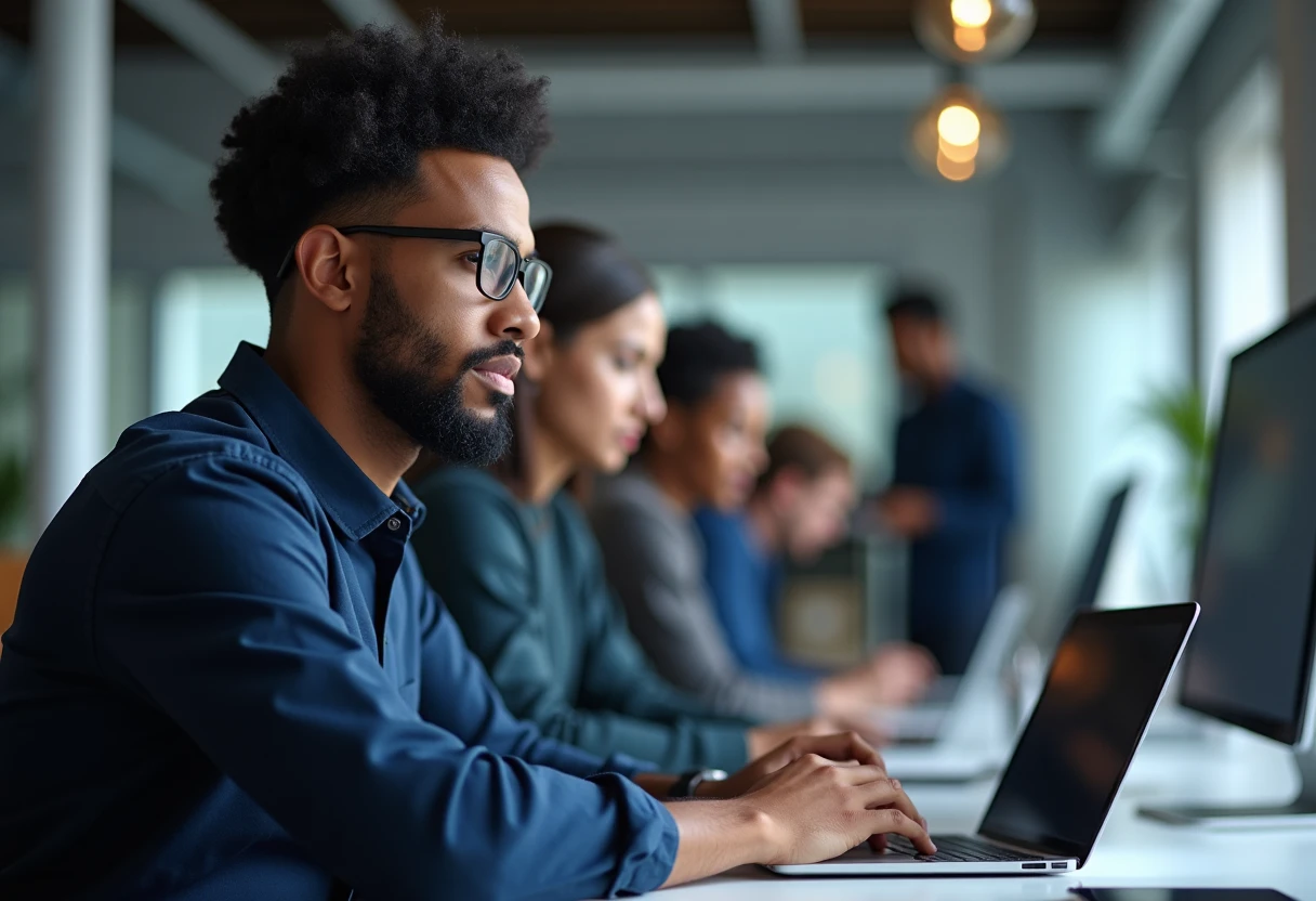 Software engineers in a collaborative office setting