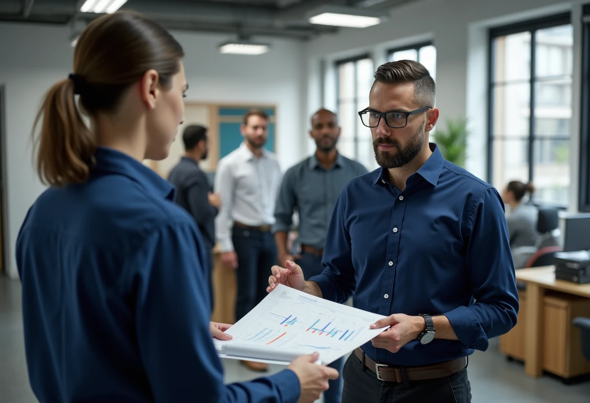 Professionals discussing finance reports